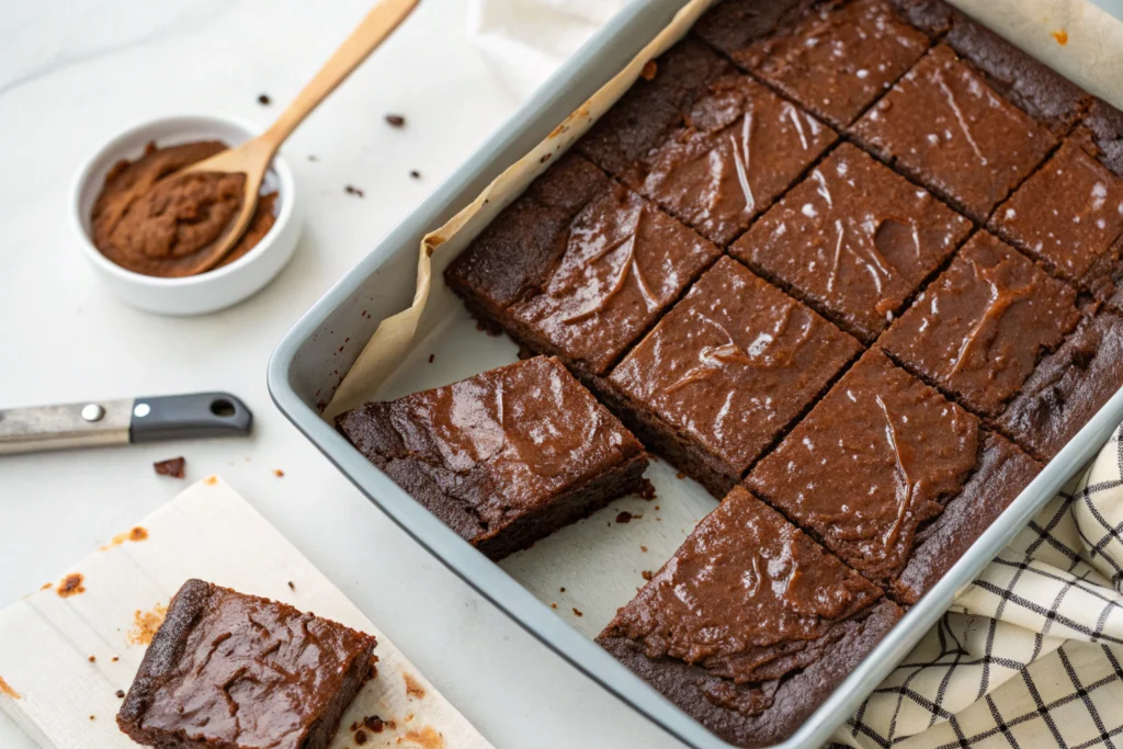 Fudgy almond butter brownies in baking pan
