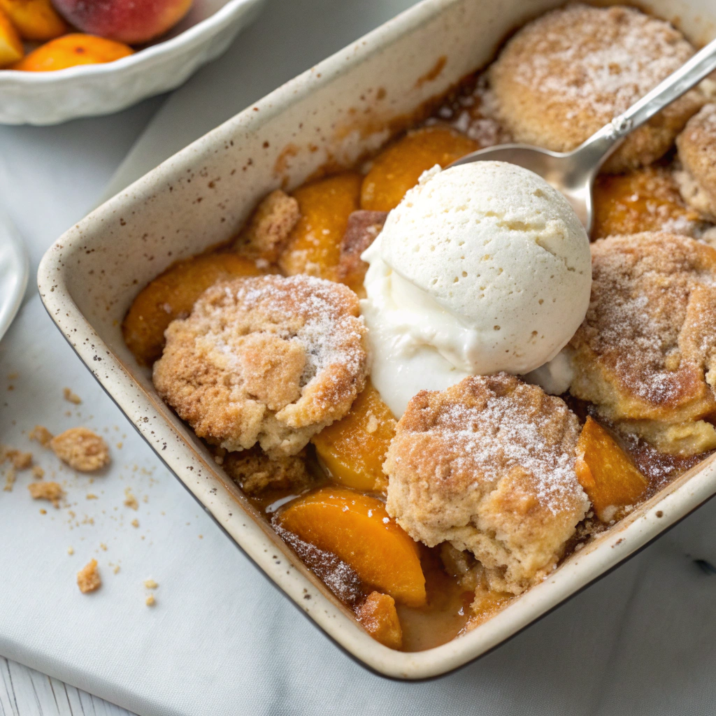 Vegan peach cobbler with ice cream