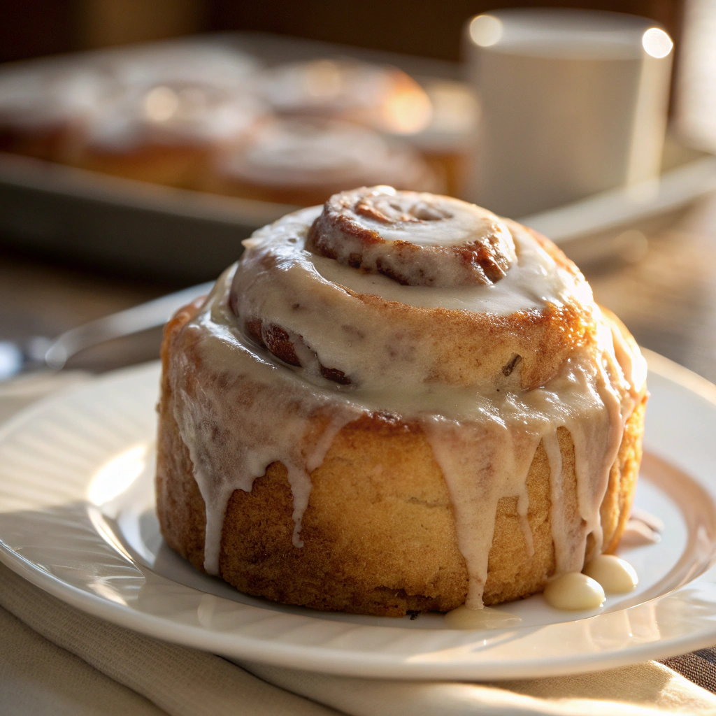 Iced cinnamon roll on plate