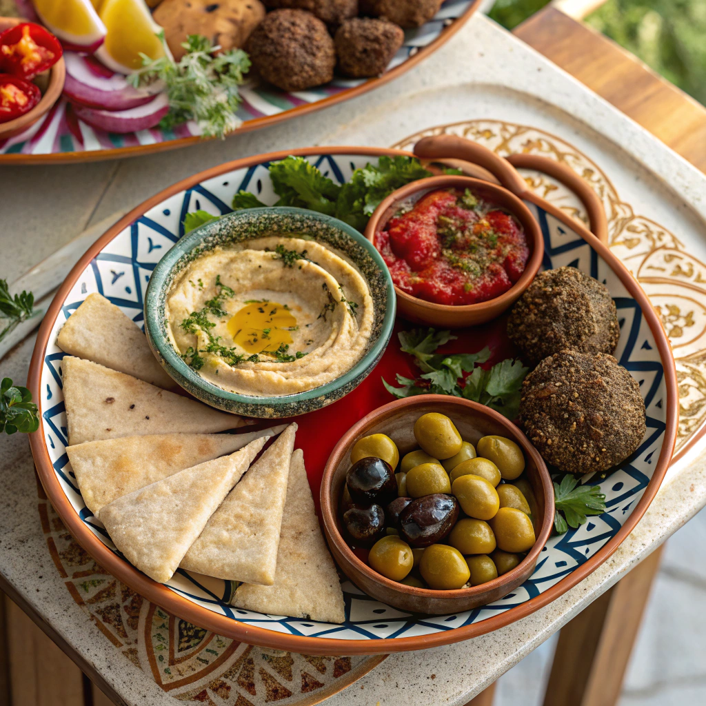 Middle Eastern vegan mezze with dips and falafel
