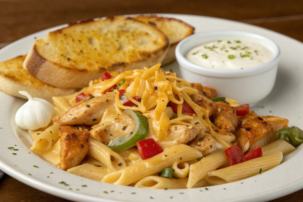 Cheddars Cajun Chicken Pasta served with garlic bread