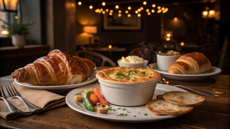 Cheddars Menu : Cheddars Chicken Pot Pie with croissants on rustic table