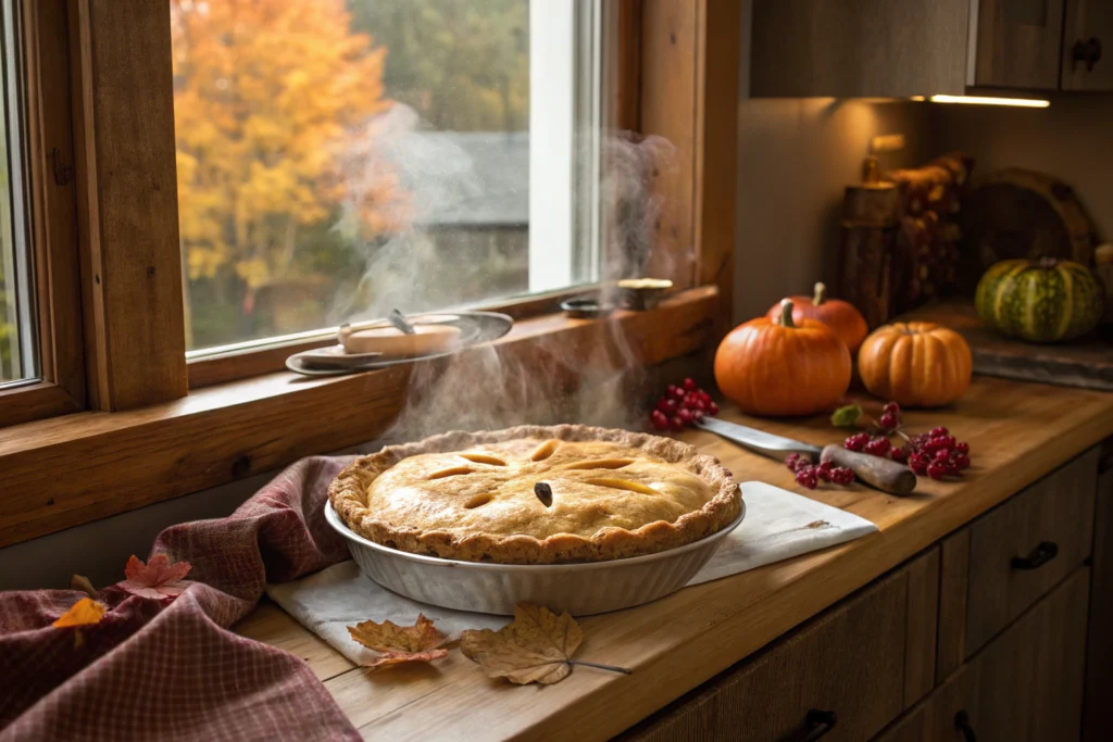 Homemade apple pie cooling by the window