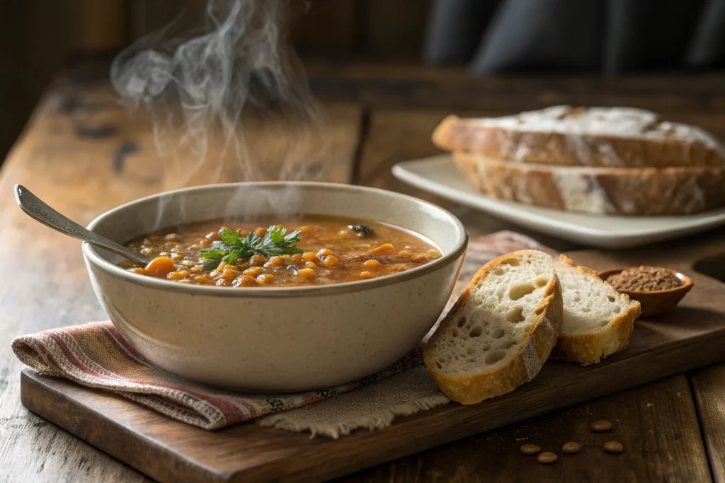 Comfort Food Recipes : Steaming bowl of lentil soup with bread