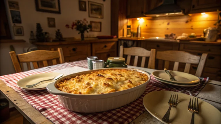 Cozy kitchen table with baked mac and cheese comfort food