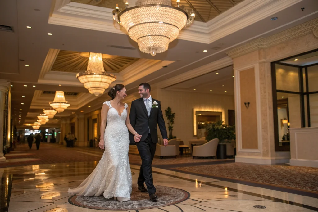 Newlyweds honeymoon in Las Vegas luxury hotel lobby