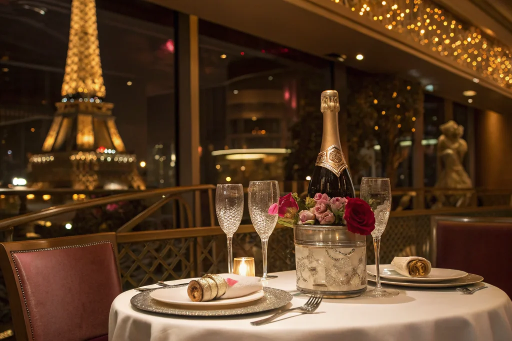 Romantic Las Vegas honeymoon dinner with champagne