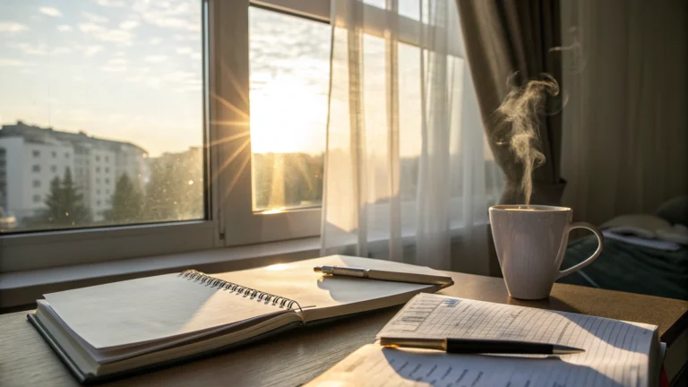 Morning routine for success : Sunrise with journal and coffee on desk for morning routine