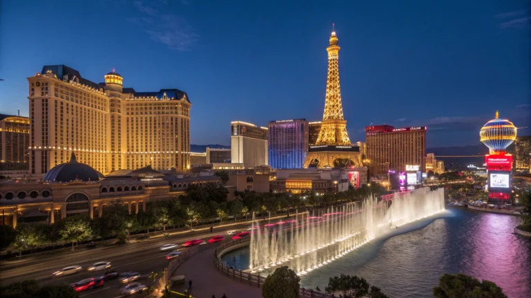 Travel Agent Las Vegas : Las Vegas Strip skyline with Bellagio fountains at night