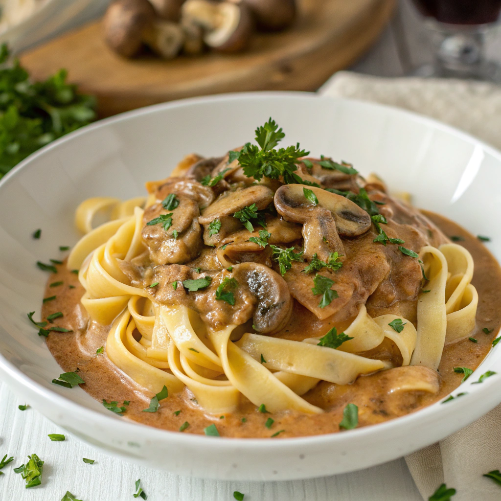 Vegan mushroom stroganoff pasta comfort food