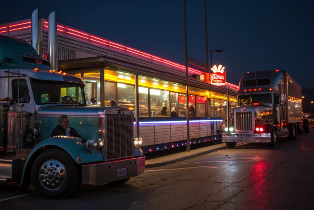 Roadside diner scene during big rig travels