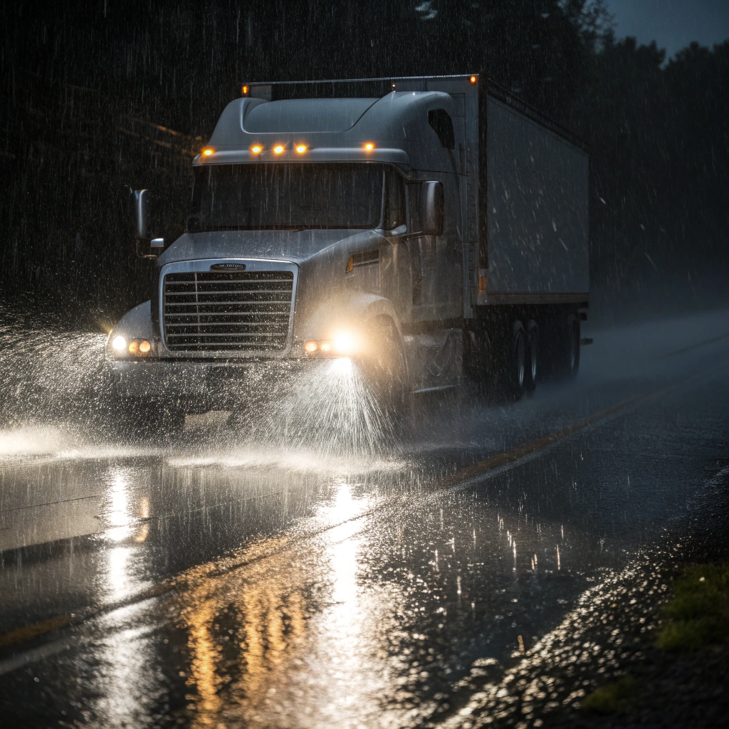 Truck headlights during big rig travels in the rain
