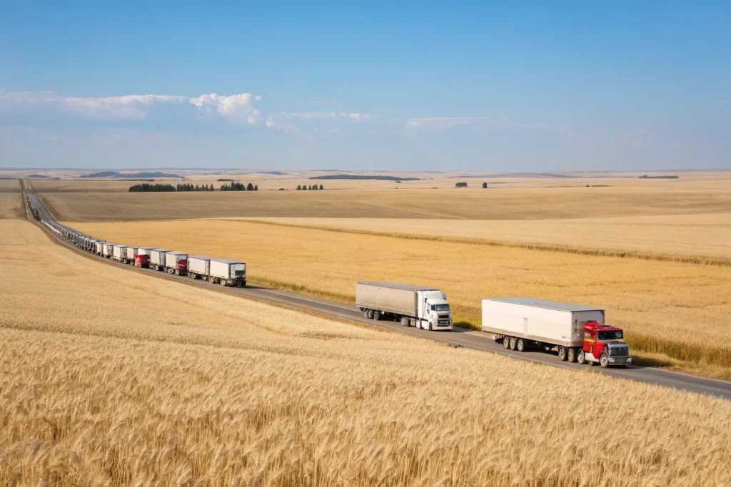 Big rig travels convoy across wheat fields