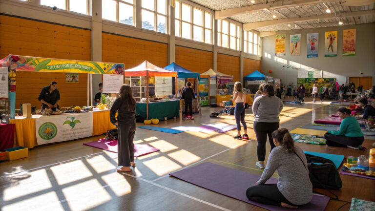 Health and wellness fair with food, yoga, and community moments