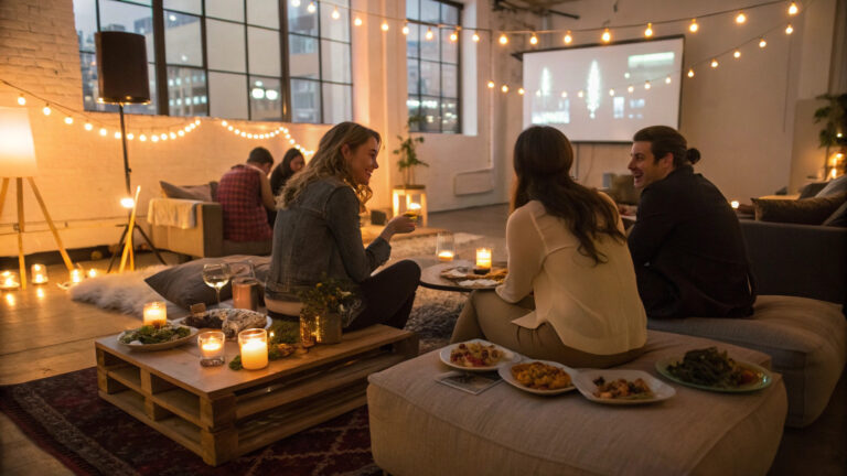 Lifestyle party with food, music, and warm atmosphere