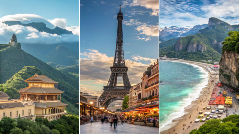 Collage of travel bucket list destinations
