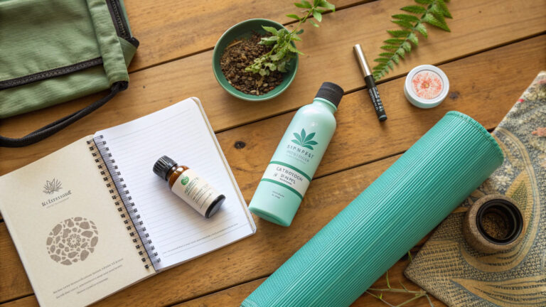 Vegan wellness kit on wooden table