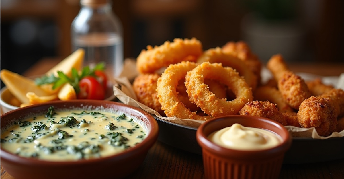 best Cheddar's menu items - appetizer spread with spinach dip and onion rings