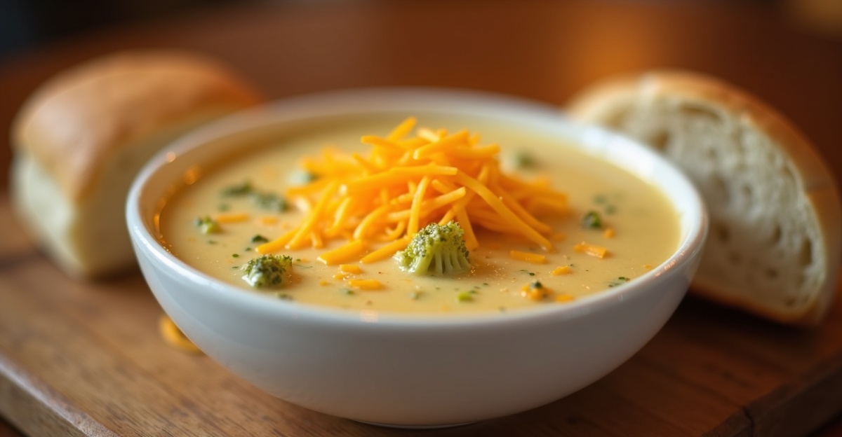 best Cheddar's menu items soups - broccoli cheddar soup in ceramic bowl