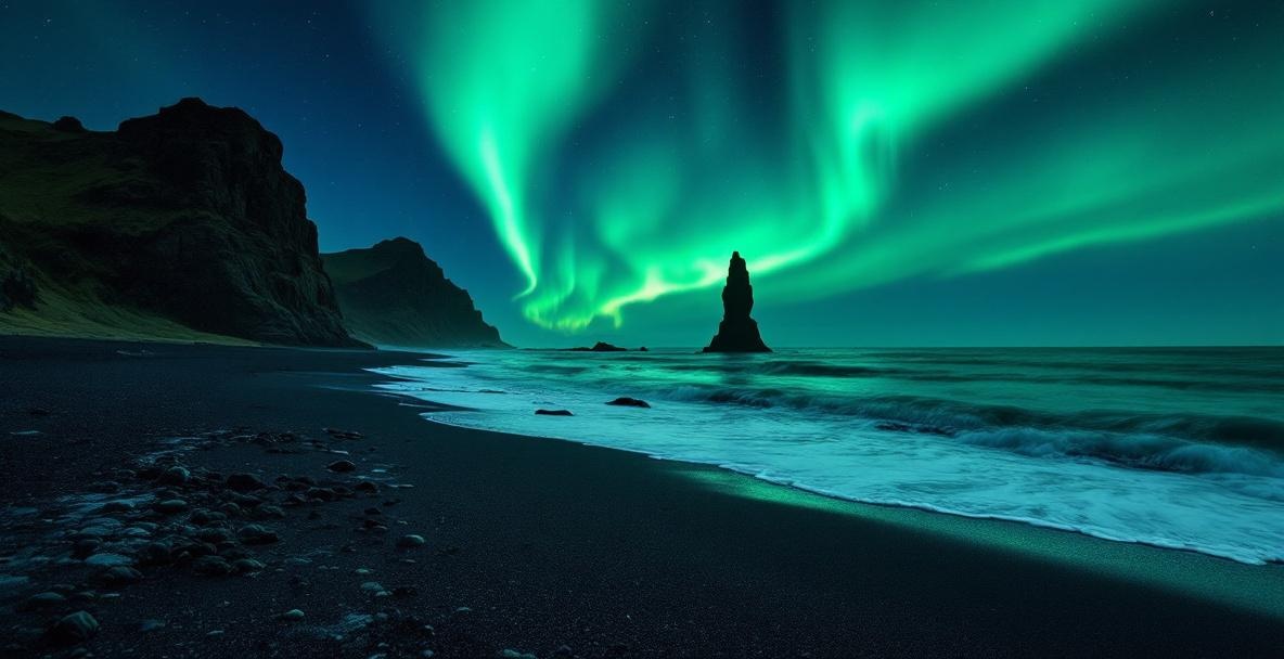 Iceland black sand beach with aurora borealis - solo travel destinations Europe