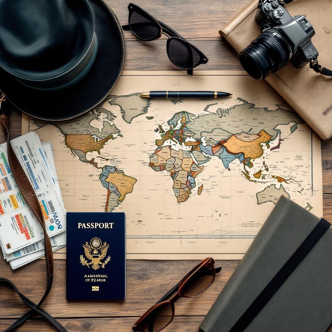 Solo travel gear flat lay with passport map journal and travel accessories