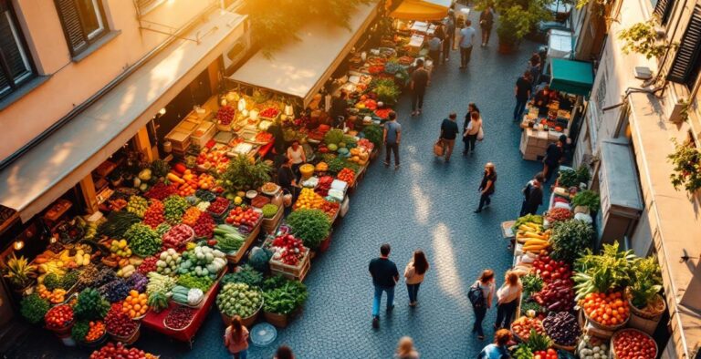 European city vegan food market with colorful produce stalls at golden hour