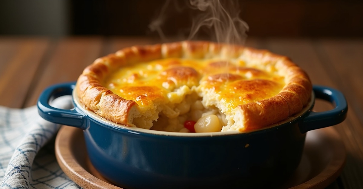 comfort food recipes casserole - golden chicken pot pie out of the oven