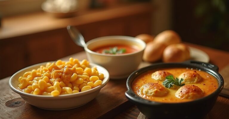 35 comfort food recipes spread on a warm rustic kitchen table