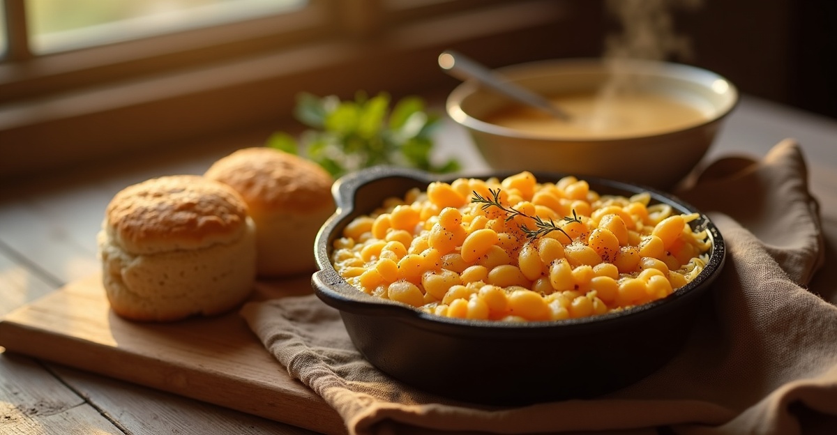 comfort food recipes spread with mac and cheese and soup on rustic table