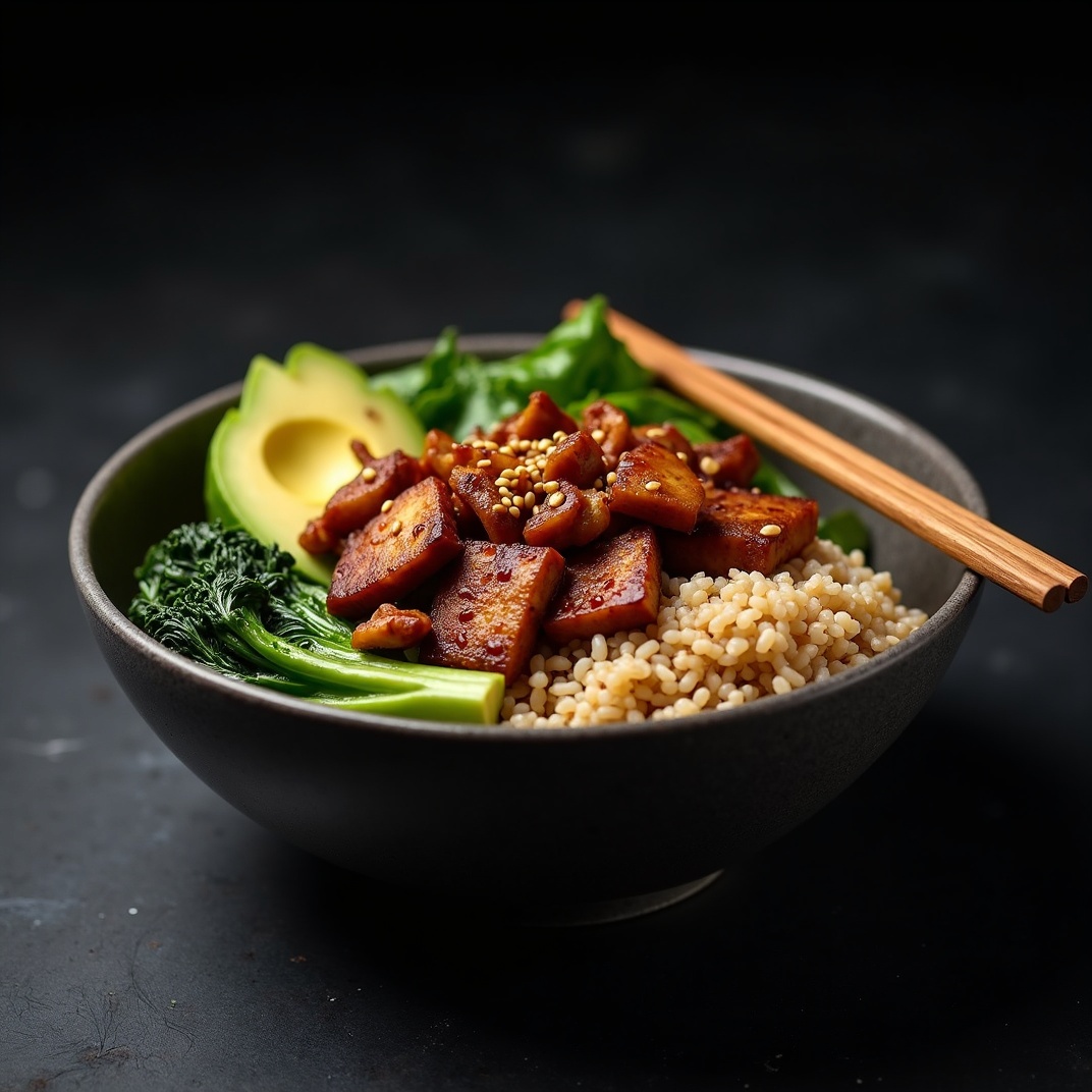 High protein vegan buddha bowl with miso-glazed tempeh, bok choy and brown rice