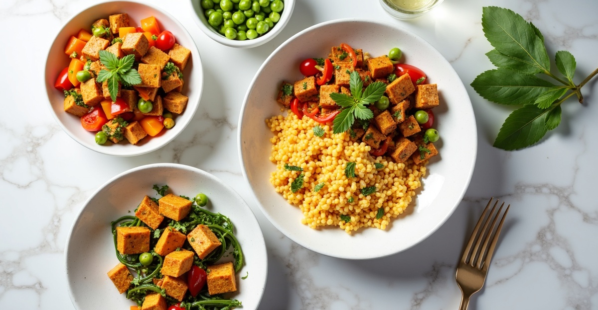 Colorful spread of high protein vegan meals including tempeh stir-fry, lentil curry and edamame bowls