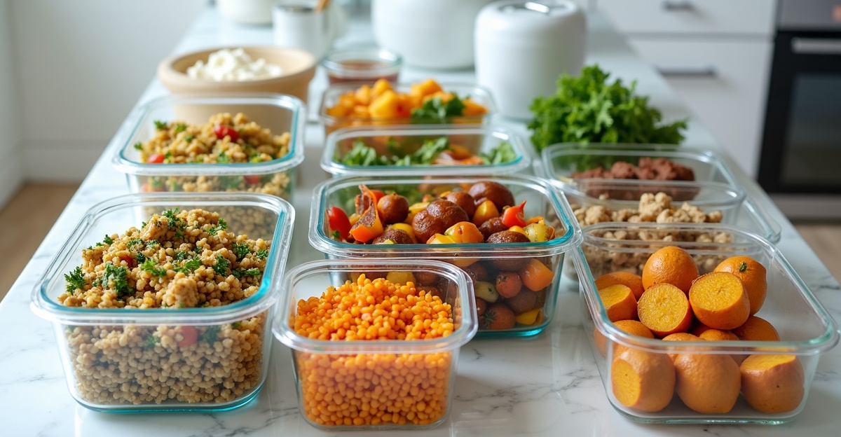 Vegan meal prep containers with high protein vegan meals ready for the week