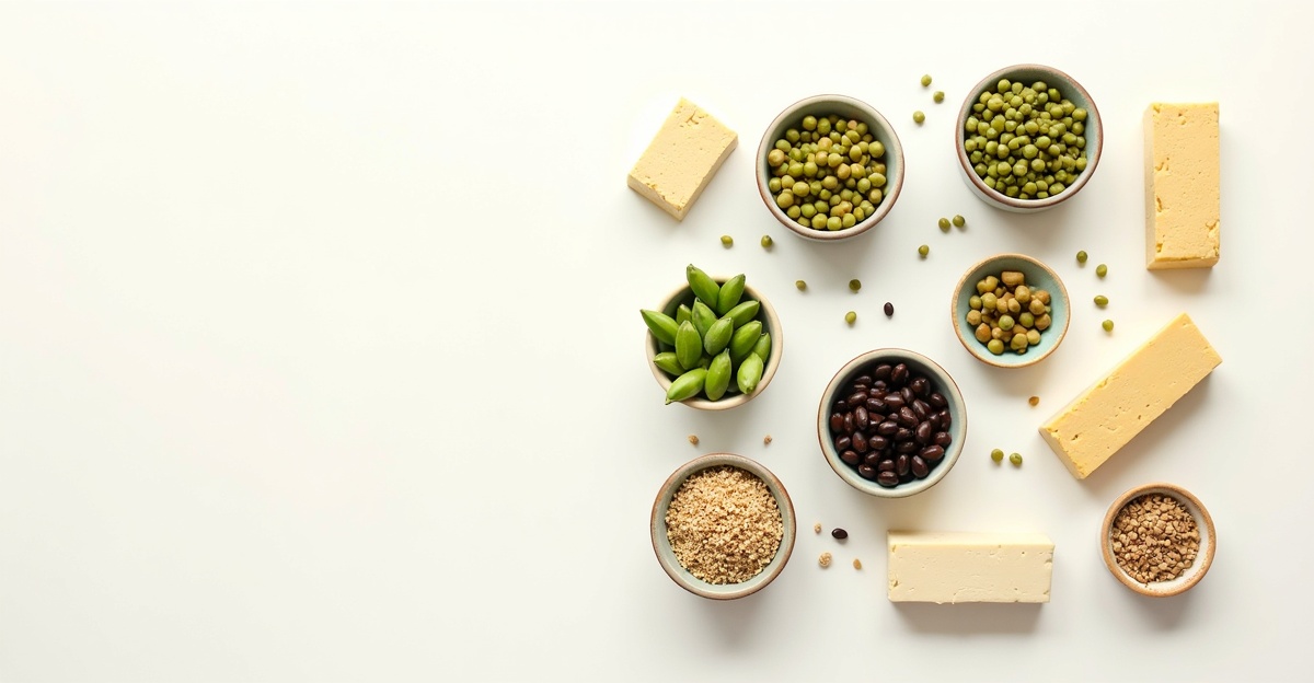 Plant-based protein sources including tempeh, tofu, lentils, chickpeas, edamame and hemp seeds