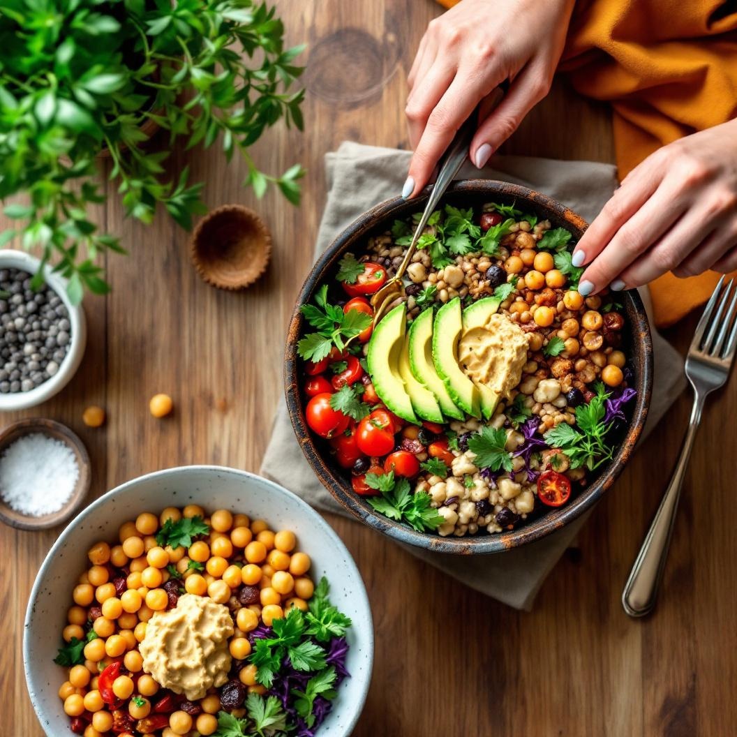 Colorful vegan grain bowls with roasted vegetables and hummus at a Berlin market