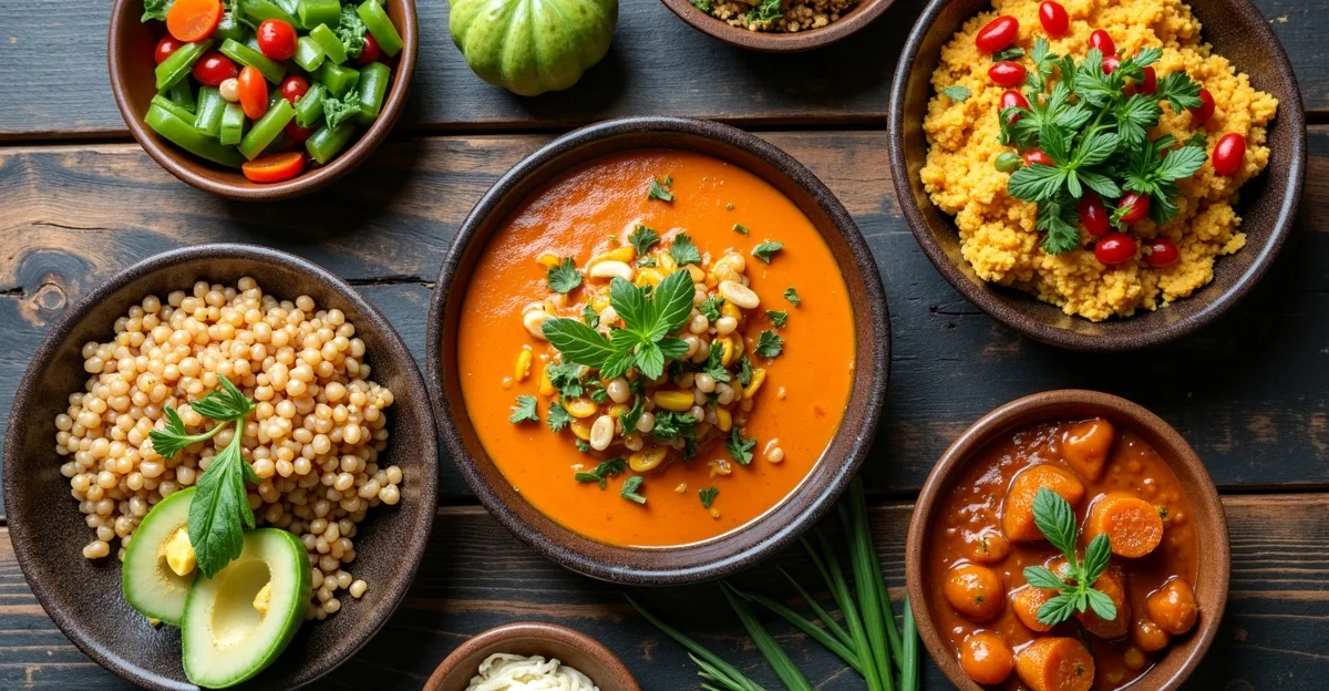 Colorful plant-based food spread from vegan travel destinations around the world