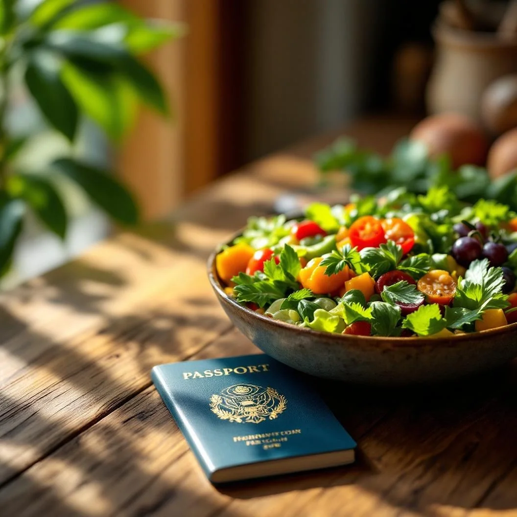 Passport and vegan food bowl on wooden table representing the vegan travel destinations guide 2026
