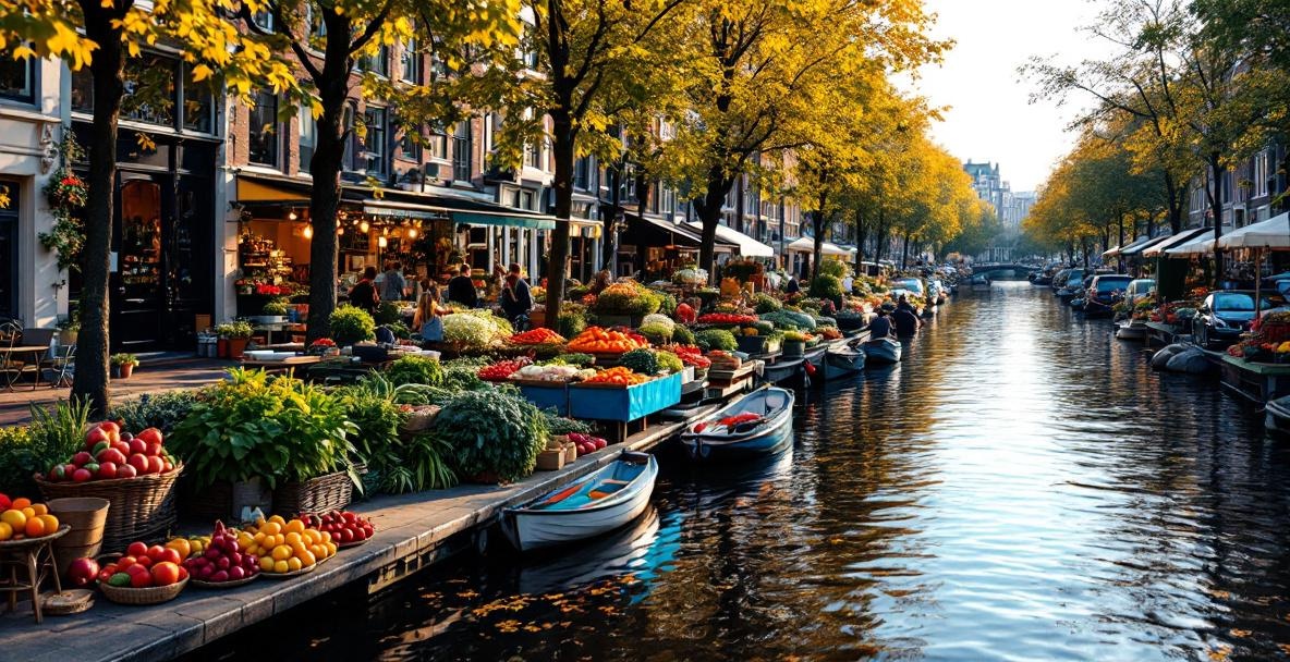 Amsterdam canal with vegan food market stalls along the waterway