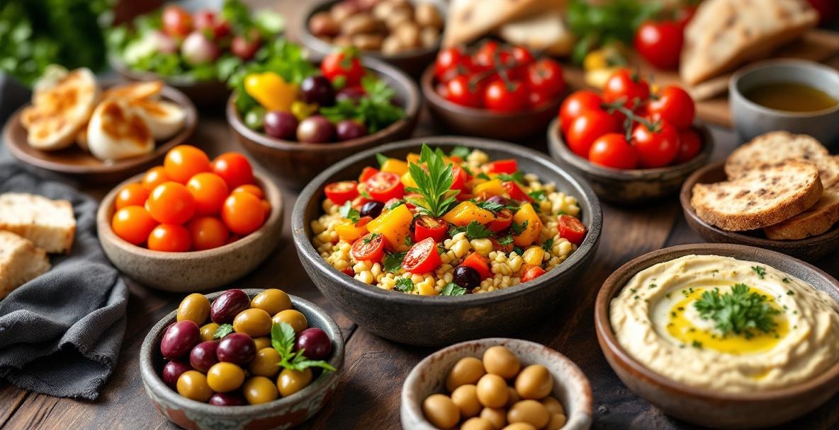 Colorful Mediterranean vegan tapas spread in a Barcelona restaurant with olive oil and fresh vegetables