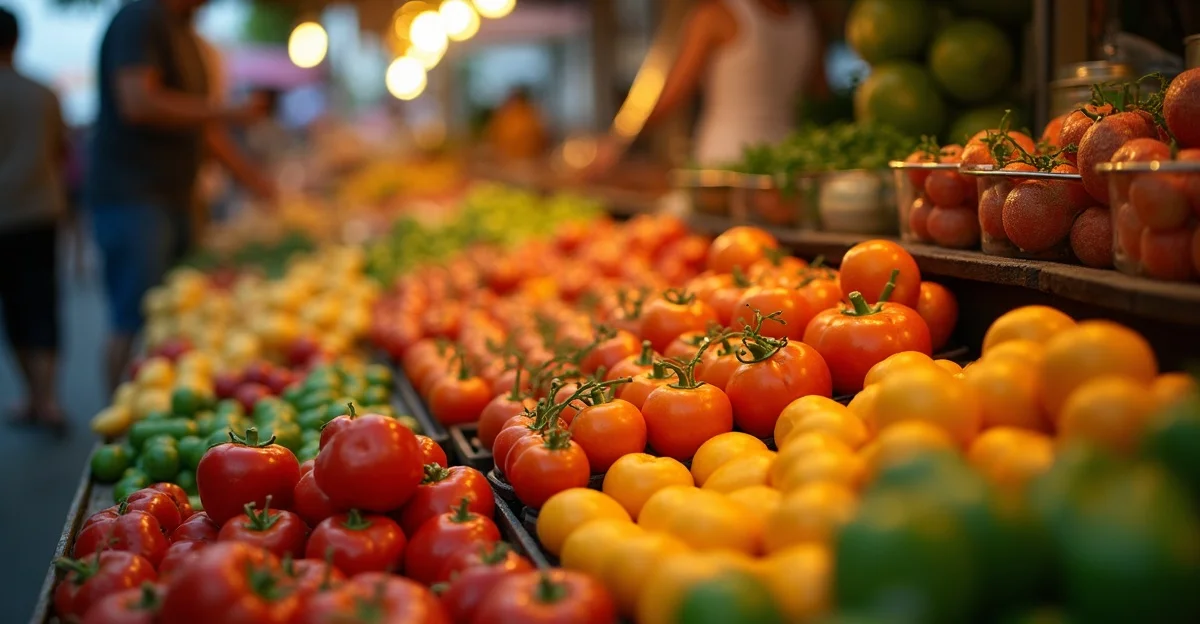 Colorful vegan food market showcasing the best vegan travel destinations worldwide