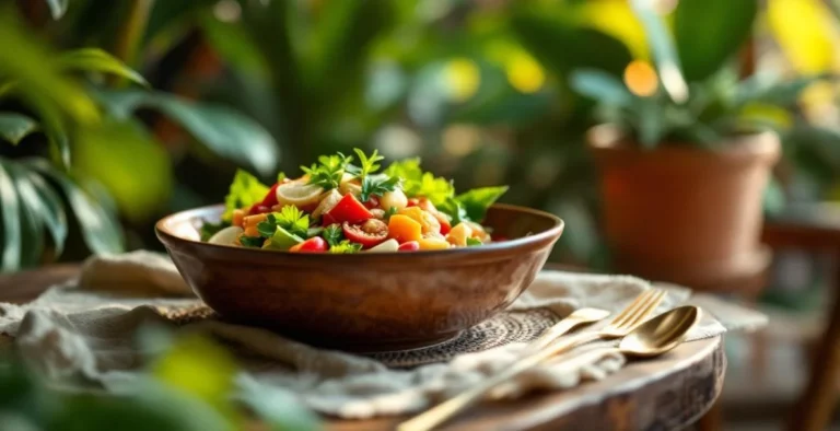Vegan travel destinations 2026: plant-based meal in a restaurant with tropical plants